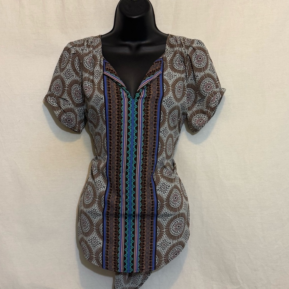 D-86 Daniel Rainn Brown & Cream Short Sleeve Pullover Blouse Size S